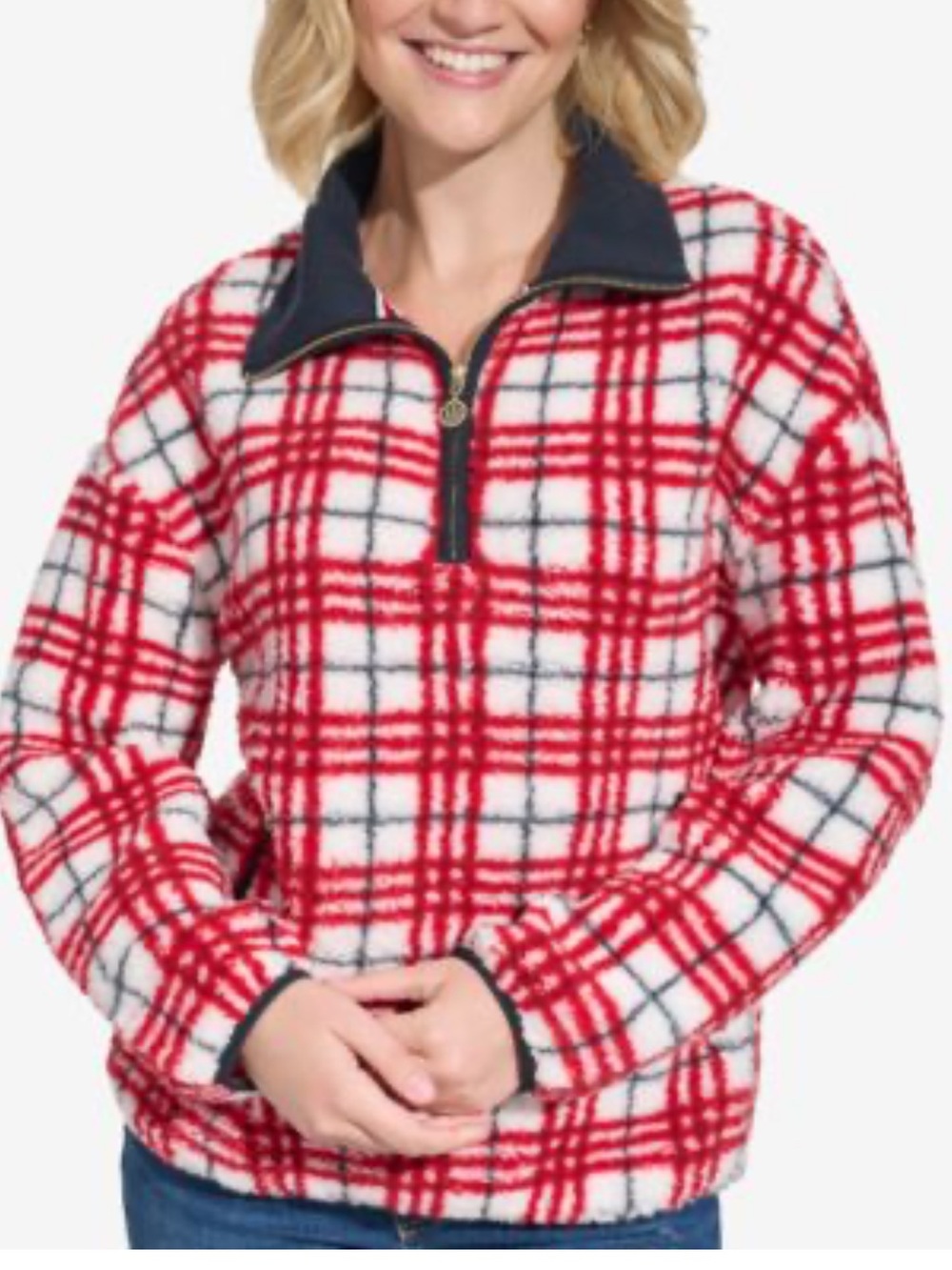 Tommy Hilfiger Red & White Plaid Tartan Sherpa Quarter-Zip Jacket size M